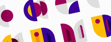 Soyut geometrik şekiller, mor, sarı, gri, mor. Desen tekrar ediyor, modern görsel doku yaratıyor. Basit biçimler kompozisyona hakim.