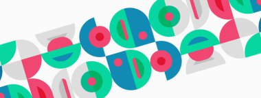 Abstract pattern features repeating shapes, circles, squares. Colors include teal, pink, blue, gray. Minimalist design creates modern aesthetic.