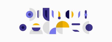 Soyut geometrik şekiller, mor, mavi, sarı renkler. Minimalist tasarım, temiz çizgiler, modern estetik. Bileşim denge, biçim üzerine odaklanır.