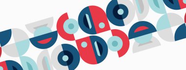 Soyut geometrik desen. Çemberler, yarı daireler, dikdörtgenler çakışır. Mavi, kırmızı, gri renkler tasarıma hakim. Minimalist estetik.