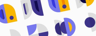 Abstract geometric shapes overlap, creating colorful pattern. Blue, gold, gray dominate design. Modern aesthetic.