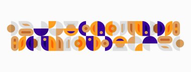 Soyut geometrik desen. Çemberler, yarı daireler, dikdörtgenler birleşerek tekrarlayan görsel ritim oluşturuyor. Sıcak renkler kompozisyona hakim.