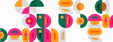 Abstract geometric shapes overlap, creating playful composition. Colors include orange, green, pink, gray. Modern design aesthetic.