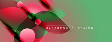 Abstract design features overlapping circles, vibrant colors. Green gradient blends with red elements, creating dynamic visual effect. Modern aesthetic.