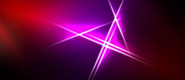 Soyut arka planda canlı pembe, mor renkler var. Parlak çizgiler, dinamik ışık efekti oluşturarak kesişiyor. Karanlık sınırlar çerçeve bileşimi.