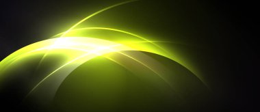 Soyut tasarım kıvrımlı çizgiler, parlak sarı parıltı, koyu arkaplan. Yumuşak gradyanlar dinamik görsel efekt yaratır.