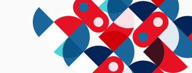 Abstract geometric shapes overlap. Red, blue, pink hues dominate white background. Modern design elements create dynamic composition.