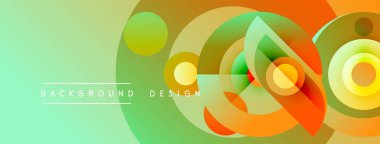 Abstract vibrant design features overlapping circles, gradients. Green, orange, yellow hues create dynamic visual effect. Modern background texture.