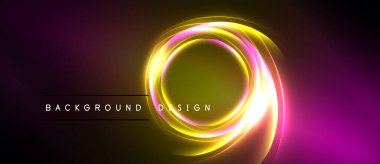 Neon daireler çakışıyor, parlak bir parıltı yaratıyor. Mor, sarı renkler koyu arkaplana hakim. Metin arkaplan tasarımı okur.