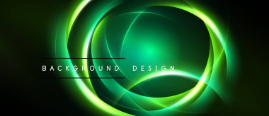 Soyut yeşil neon ışıklar dairesel katmanlar oluşturur. Koyu arkaplan parlayan şekilleri vurgular, dinamik görsel efekt yaratır.