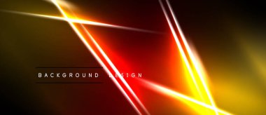 Parlak neon çizgileri soyut geometrik şekiller yaratır. Canlı turuncu, sarı renkler koyu arkaplana hakim. Modern tasarım ögesi.