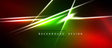 Soyut canlı tasarım parlak çizgiler ve gradyanlar içerir. Kırmızı, yeşil renkler koyu arkaplana hakim. Metin arkaplan tasarımı okur.