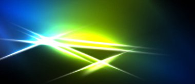 Parlak ışık çizgileri merkezden yayılıyor. Canlı mavi, yeşil, sarı renkler karanlığa karışıyor. Soyut enerji uzayda akıyor.