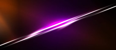 Soyut arkaplan koyu turuncu ve siyah renkler arasında parlak mor ışık çizgilerine sahiptir. Minimalist tasarım enerjiyi ve hareketi çağrıştırıyor.