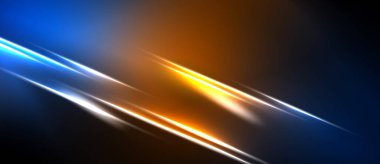 Soyut ışık çizgileri karanlık arka planda kesişir. Mavi, turuncu renkler dinamik görsel efekt yaratır. Parlaklık, gölgelerle keskin bir tezat oluşturuyor..