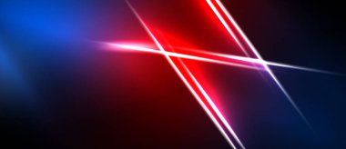 Soyut arkaplan, karanlık uzayda kesişen parlak neon çizgilere sahiptir. Canlı mavi, kırmızı renkler kompozisyona hakim. Minimalist tasarım.