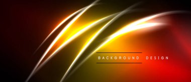 Soyut neon hatları dinamik akış yaratır. Sıcak renkler baskın, altından kırmızıya dönüşüyor. Siyah arkaplan parlak eğrileri vurgular.