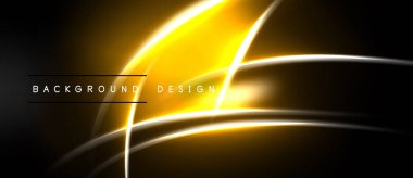 Soyut tasarım koyu arkaplan üzerinde parlak sarı çizgiler içerir. Modern estetik, dinamik eğriler görsel ilgi yaratır. Basit metin örtüsü mevcut.