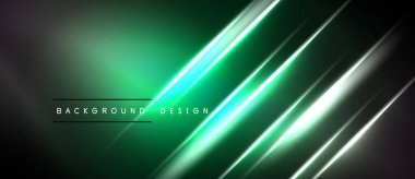 Koyu yeşil arka planda parlak neon çizgiler var. Parlak elementlerin altında merkezi olan metin arkaplan tasarımı ile modern tasarım. Minimalist estetik.