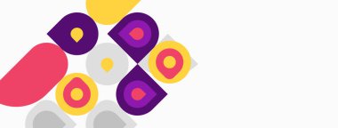 Soyut şekiller, canlı renkler, geometrik tasarım. Çemberler, kareler üst üste binerek modern görsel kompozisyon oluşturuyor. Minimalist estetik.