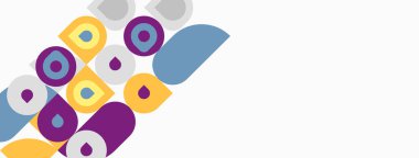 Soyut geometrik şekiller, daireler, kareler, mor, mavi, sarı. Negatif alanlı minimalist tasarım, modern estetik.