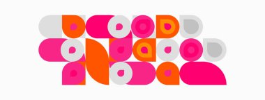 Soyut geometrik şekiller, daireler, dikdörtgenler, pembeler, portakallar, griler. Minimalist tasarım, düz çizim, modern estetik.