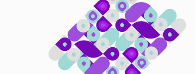 Soyut şablon yuvarlak şekilleri gösteriyor. Mor, açık mavi renkler kompozisyona hakim. Minimalist tasarım, geometrik formlar görsel doku oluşturur.