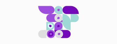 Üst üste binen mor, lavanta, açık mavi daireler, yarı daireler içeren soyut bir kompozisyon. Minimalist tasarım, temiz estetik, basit şekiller..