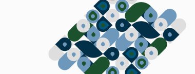 Soyut desenler yuvarlak şekiller, değişik tonlar mavi, yeşil, beyaz. Minimalist tasarım modern estetik, geometrik kompozisyon öneriyor.