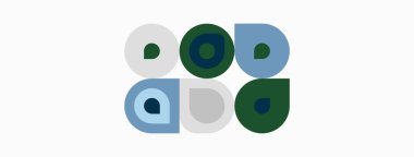 Soyut geometrik desen. Çemberler, kareler, dikdörtgenler üst üste binerek görsel ilgi yaratıyor. Donmuş deniz mavisi, gri, beyaz renk şeması kompozisyona hakim.