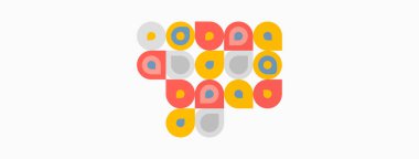 Renkli daireler, kareler rastgele dizilmiş. Minimalist tasarım, parlak palet, geometrik şekiller mevcut. Basit kompozisyon, modern estetik..