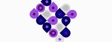 Soyut desen mor, lavanta daireleri tekrar eden ve beyaz arkaplanda üçgen şeklini oluşturan şekiller içerir. Minimalist tasarım.