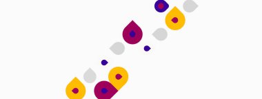 Soyut şekiller, mor, sarı, gri noktalar beyaz arkaplana dağılmış. Minimalist tasarım, basit geometri, modern estetik.