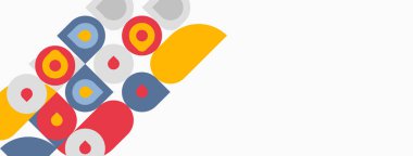 Soyut renkli çemberler, kareler kesişiyor. Minimalist tasarım, sarı, kırmızı, mavi renkte. Temiz arkaplan karşıtlık sağlar.