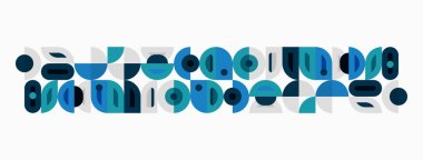 Soyut geometrik desen. Çemberler, yarı daireler, dikdörtgenler tekrarlayan dizaynlar yaratır. Mavi, deniz mavisi renkleri tarafsız arkaplanda baskın gelir.