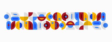 Soyut geometrik şekiller, canlı renkler, tekrarlayan desenler. Kompozisyon daireler, kareler, dikdörtgenler, oyuncu tasarım içerir.