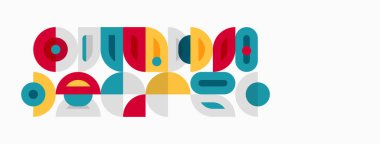 Renkli geometrik şekiller soyut kelimeler oluşturur. Modern tasarım daireler, kareler, dikdörtgenler kullanır. Parlak renkler oyuncu kompozisyon oluşturur.