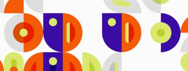 Abstract pattern features stylized faces. Shapes include circles, semicircles, rectangles. Colors are orange, purple, green, gray. Minimalist design.