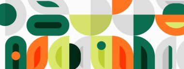 Soyut geometrik desen. Üst üste binen şekiller eğlenceli, modern tasarım yaratır. Renkler arasında yeşil, turuncu, sarı, gri.