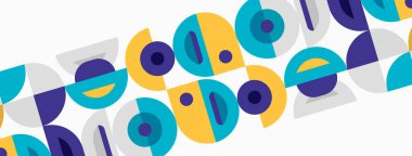 Soyut şablon, dinamik görsel doku oluşturan renkli örtüşen daireler içerir. Basit şekiller tuval boyunca çapraz olarak tekrarlanır.