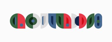 Soyut geometrik şekiller kelime bulutu oluşturur. Renkli üst üste binen yarı daireler oyuncu bir tasarım yaratır. Minimalist tarz, temiz çizgiler modern estetik sunar.