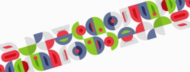 Renkli geometrik şekiller soyut harfler oluşturur. Dizayn daireler, kareler, dikdörtgenler, üst üste binen elementler. Minimalist estetik.