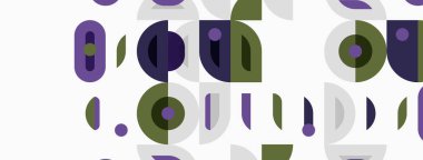 Abstract geometric pattern. Shapes include ovals, circles, rectangles. Colors are purple, olive, gray. Minimalist design, repeating elements.