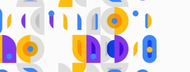 Abstract pattern features colorful circles, curves, dots. Design evokes playful, modern aesthetic. Background is light gray.