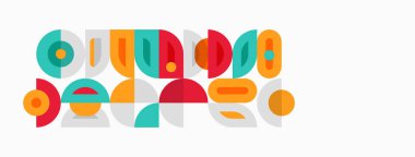 Soyut geometrik şekiller, renkli tasarım. Çemberler, dikdörtgenler çakışır ve eğlenceli bir düzen yaratır. Modern estetik, basit kompozisyon.