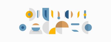 Soyut geometrik şekiller, sessiz renkler, minimalist tasarım. Bileşim daireler, üçgenler, çizgiler, eğriler içerir. Modern estetik.