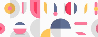 Soyut geometrik şekiller, pastel renkler, basit tasarım. Kompozisyonda daireler, kavisler, dikdörtgenler, çizgiler var. Minimalist estetik.