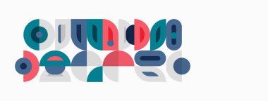 Soyut geometrik şekiller renkli bileşim oluşturur. Çemberler, kareler, dikdörtgenler modern tasarım yaratarak örtüşüyor. Minimalist estetik.