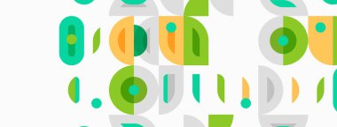 Abstract geometric pattern. Shapes include rounded rectangles, circles, lines. Colors are green, orange, teal, gray. Minimalist design.