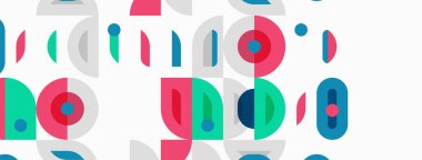 Abstract pattern features colorful circles, ovals, dots. Shapes overlap creating playful visual texture. Minimalist design.